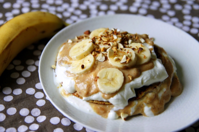 banana pancakes with date toffee and vanilla yoghurt